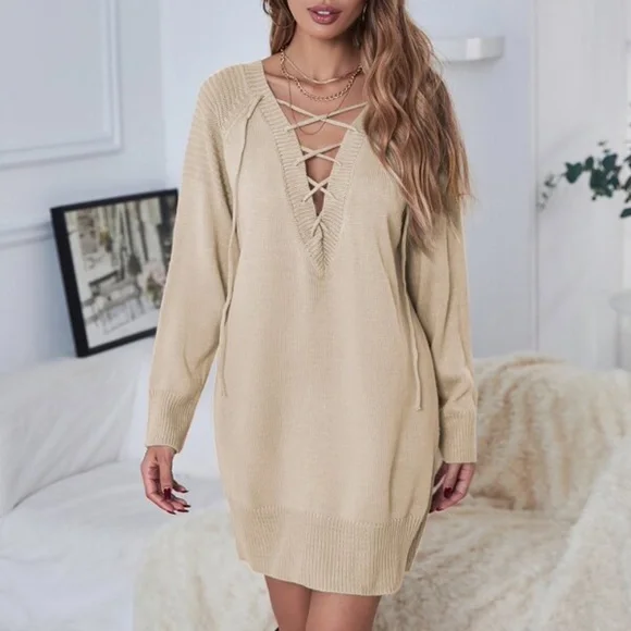 Boho Black Lace up Off Shoulder Oversized Sweater Dress - Picture 3 of 14